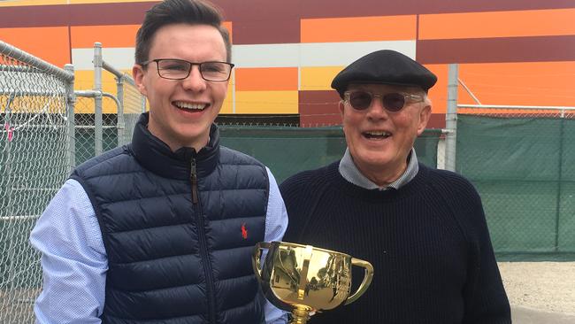 Trainer Joseph O'Brien poses with Lloyd Williams after the pair combined to snare last year’s Melbourne Cup with Rekindling.