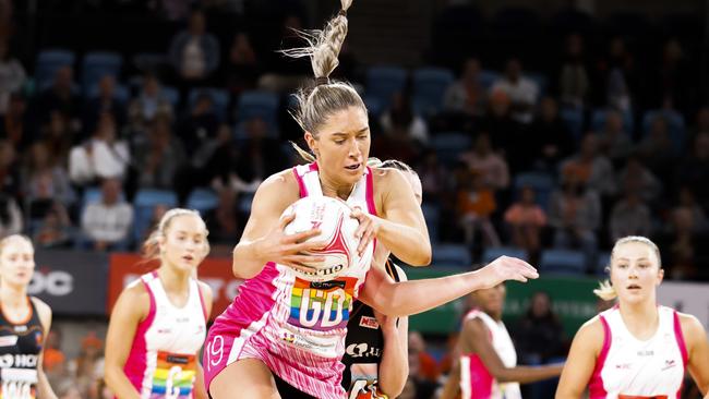 SYDNEY, AUSTRALIA - MAY 06: Matilda Garrett of the Thunderbirds gains possession during the round eight Super Netball match between Giants Netball and Adelaide Thunderbirds at Ken Rosewall Arena, on May 06, 2023, in Sydney, Australia. (Photo by Jenny Evans/Getty Images)