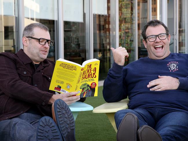 Triple M radio host Gus Worland (R) has written a book with his brother Steve titled Bloke-A-Saurus which is a collection of jokes and Aussie wisdom about being a dad. Picture: Toby Zerna