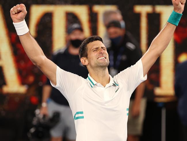 Australian Open tennis. 21/02/2021. Day 14...   Mens Final. Novak Djokovic vs Daniil Medvedev on Rod Laver Arena.  Novak Djokovic celebrates winning the australian open in 3 sets   . Pic: Michael Klein