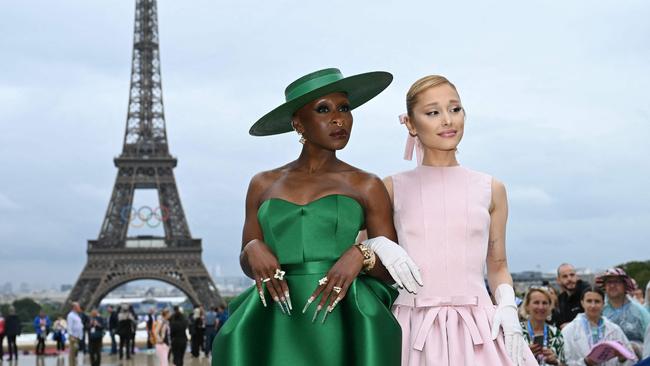 British actress and singer Cynthia Erivo (L) and US singer Ariana Grande (R) at the opening ceremony of the Paris 2024 Olympic Games. (Photo by Jonathan Nackstrand/AFP)