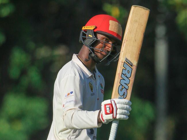 Waratah batter Ash Chandrasinghe brings up his fifth consecutive hundred against Tracy Village. Picture: Glenn Campbell.