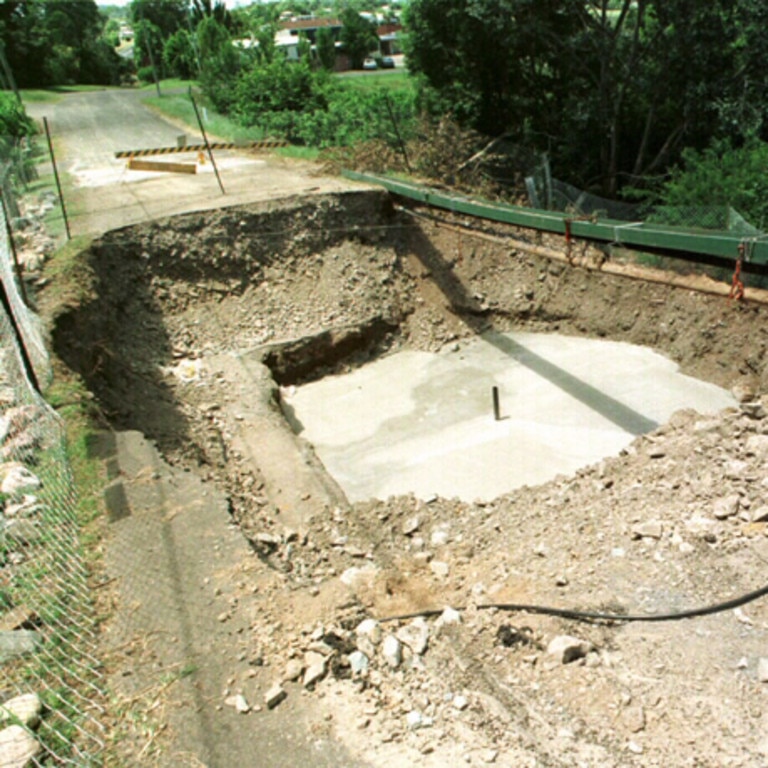 A collapsed mine shaft in Jubilee Crescent, Gympie on Februaru 19 after the floods. Photo: Graeme Parkes