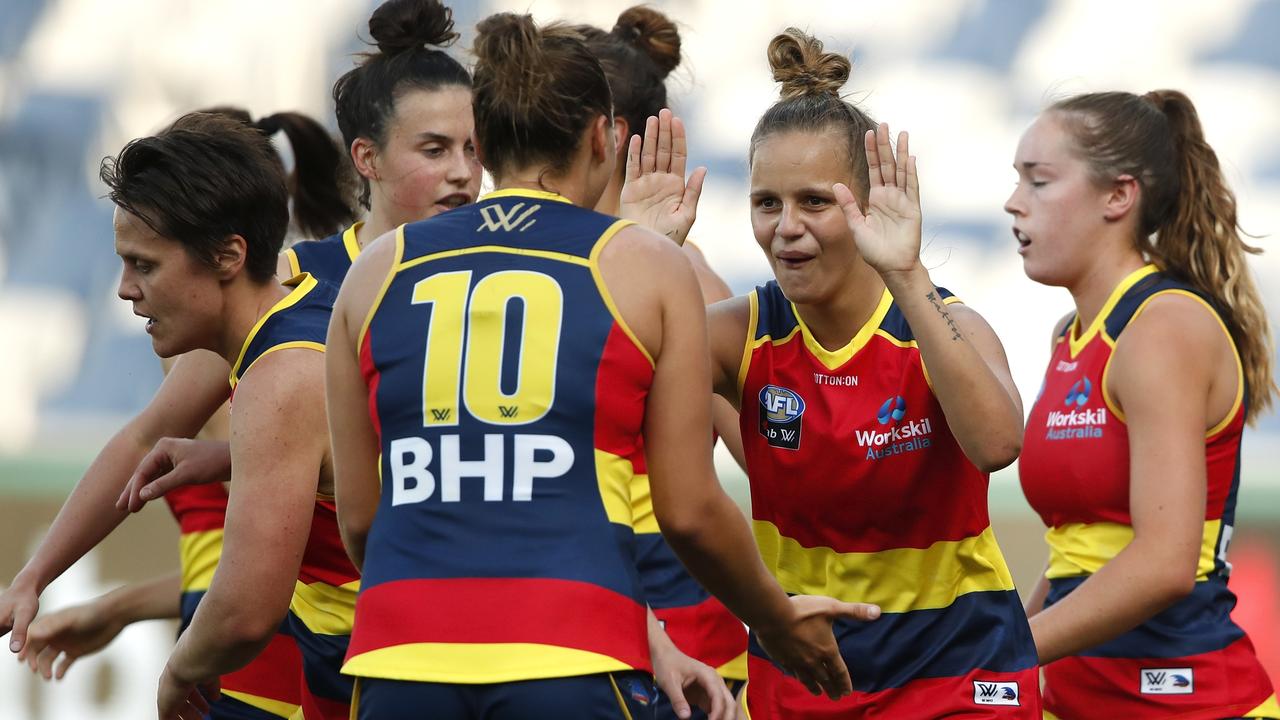 Danielle Ponter celebrates after botting a goal for the Crows. Picture: Getty Images