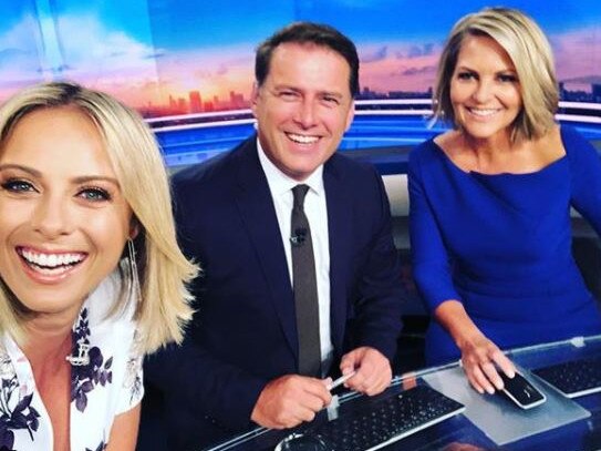 Georgie Gardner at her first day back at work with co-host Karl Stefanovic and Sylvia Jeffreys. Picture: Instagram