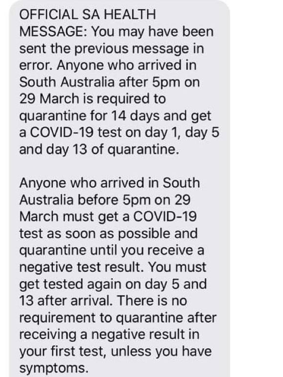 The two text messages that 260 travellers received. The top message is the acknowledgment of the error. Picture: Supplied