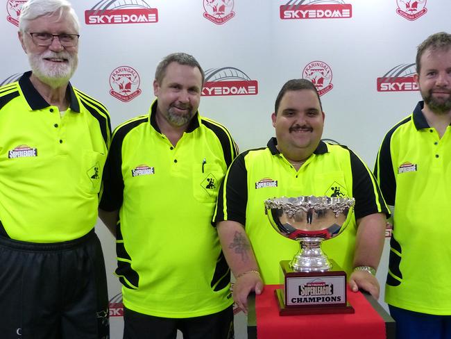 Inaugural SuperLeague champions ‘Men@Work’: John Sykes, Joe Turner, Frank Krslovic and Ben Wales with the imposing winners’ trophy.