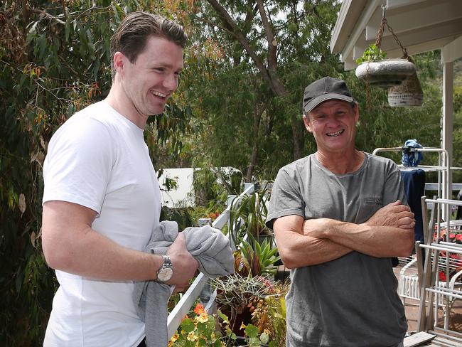 Dangerfield shares a laugh with his uncle Greg, the real person behind his success. Picture: Wayne Ludbey