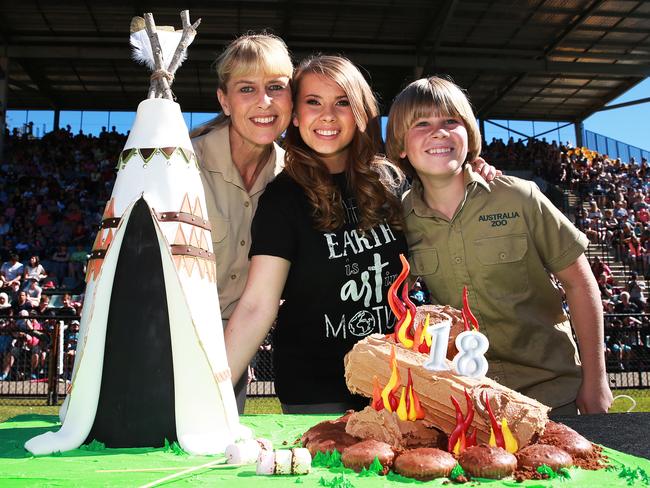 Bindi Irwin celebrates her 18th birthday with her mother Terri Irwin, brother Robert at Australia Zoo on the Sunshine Coast. Picture: Claudia Baxter