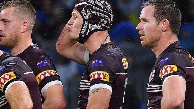 Kevin Walters wasn’t the only Maroon to have a bad night in Perth, with - from left - Cameron Munster, Kalyn Ponga, Michael Morgan and Corey Oates looking like they rather be anywhere else. Picture: Dave Hunt/AAP