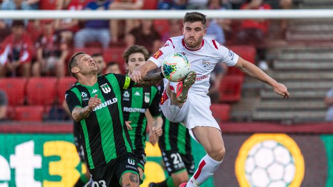 Western United’s Alessandro Diamanti and Adelaide United’s Ryan Strain during the Reds 5-1 loss at Coopers Stadium. (Photo by Sue McKay/Getty Images)