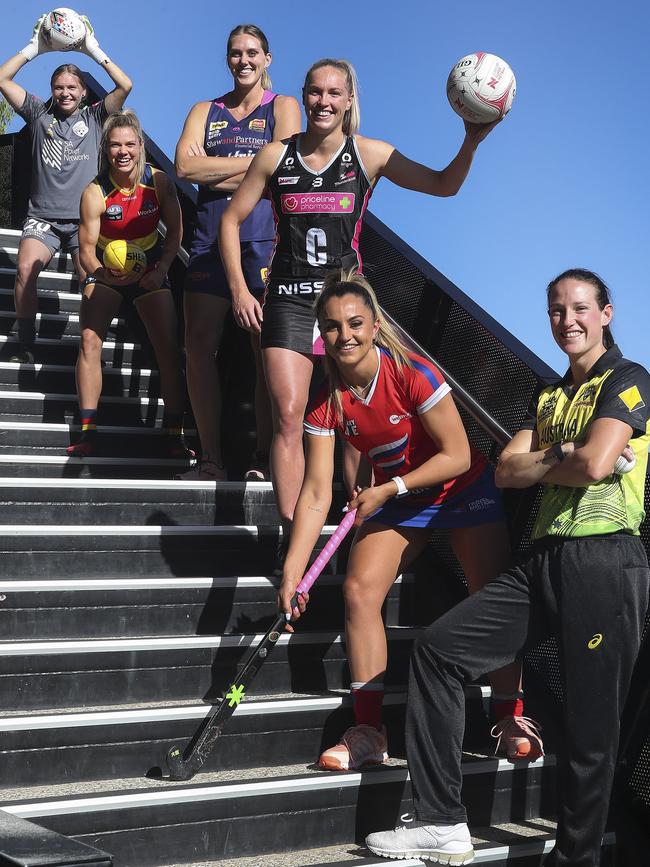 Schutt, right, pictured with other female athletes Miki Spano (hockey), Hannah Petty (netball), Jennie Rintala (basketball), Anne Hatchard (AFLW), and Evelyn Goldsmith (soccer). Picture: Sarah Reed