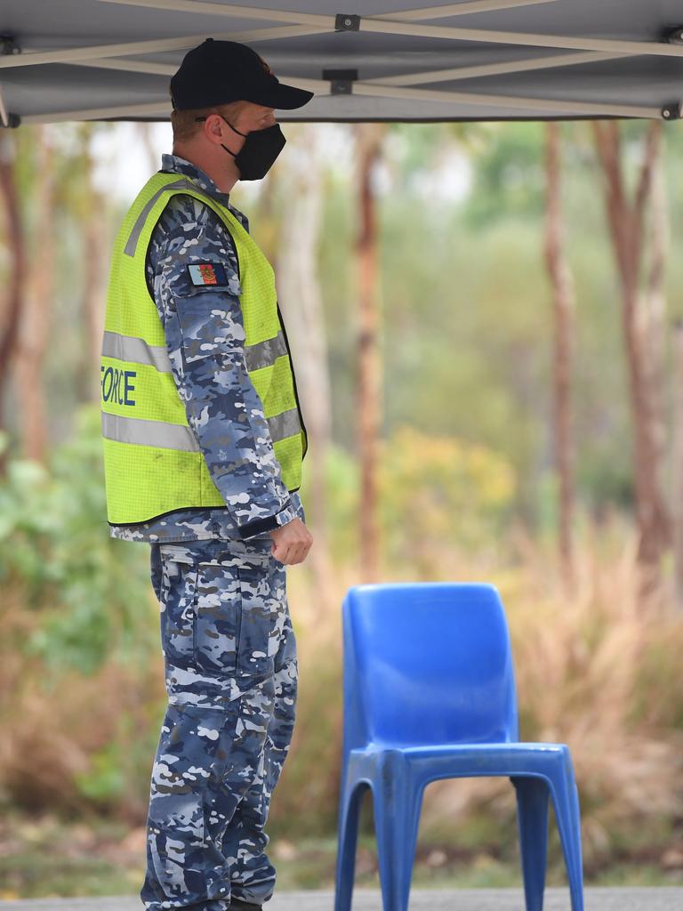 ADF personal assist NT Police at the southern border control point in Katherine. Picture: Amanda Parkinson