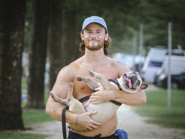 Isaac Hancock and his French Bulldog Dash in  Dogs of the Gold Coast on the Burliegh Oceanway.Picture: Glenn Campbell