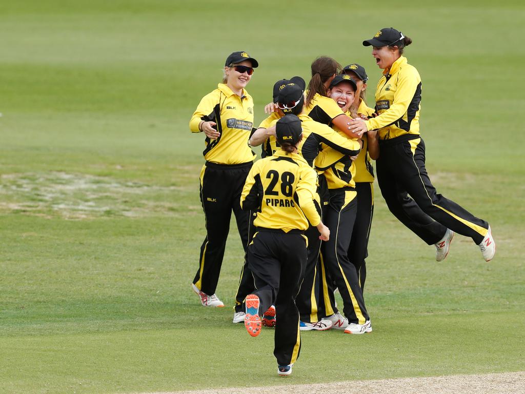 Western Australia celebrate winning last season’s WNCL final over NSW. Picture: AAP Image for Cricket Australia/Brendon Thorne