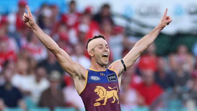 Josh Dunkley celebrates a goal against Sydney in the first round of this year’s AFL season. Photo by Cameron Spencer/Getty Images