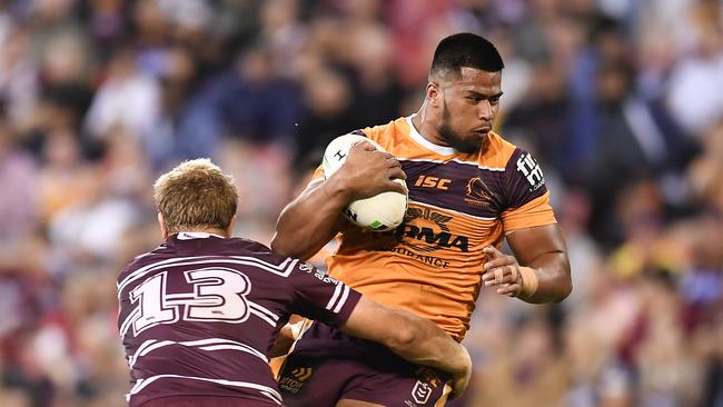 BRISBANE, AUSTRALIA - MAY 10: Payne Haas of the Broncos is tackled during the round nine NRL match between the Manly Sea Eagles and the Brisbane Broncos at Suncorp Stadium on May 10, 2019 in Brisbane, Australia. (Photo by Albert Perez/Getty Images)