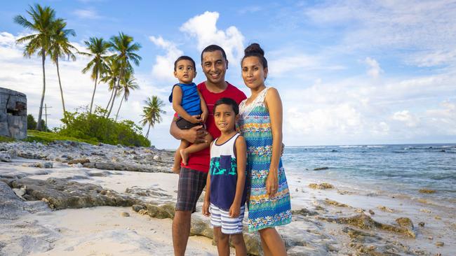 Local couple Maverick and Ziki Eoe with their sons Nadal and Texas in Nauru this week. Picture: Glenn Hunt