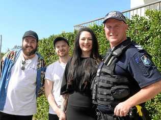 SAFETY FIRST: Zac, Cameron and Sonya Ryan from The Carly Ryan Foundation in Bundaberg with Senior Constable Mick Gray. Picture: Mikayla Haupt