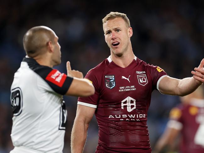 SYDNEY, AUSTRALIA – JUNE 08: Maroons captain Daly Cherry-Evans speaks to referee Ashley Klein after a dangerous tackle on Cameron Munster of the Maroons during game one of the 2022 State of Origin series between the New South Wales Blues and the Queensland Maroons at Accor Stadium on June 08, 2022, in Sydney, Australia. (Photo by Mark Kolbe/Getty Images)