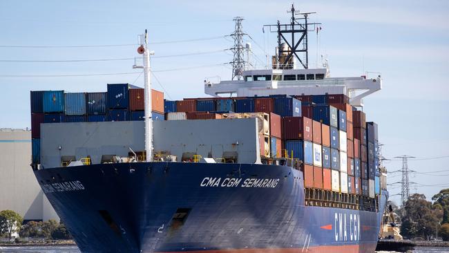 TOOT TOOT: A container ship passes under the West Gate Bridge. Picture: Mark Stewart