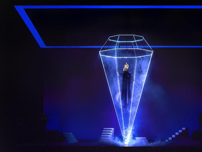 Kylie Minogue makes a dramatic entrance on the opening night of her Tension tour in Perth. Picture: Erik Melvin