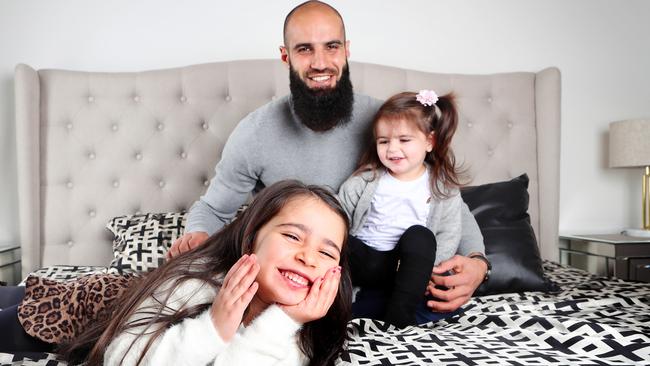 Bachar Houli at home with his gorgeous daughters Sarah, 5, and Maryam, almost 2. Picture: Rebecca Michael