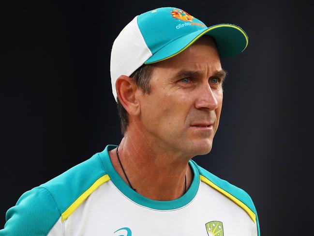 DUBAI, UNITED ARAB EMIRATES - NOVEMBER 14: Australia cricket cricket coach Justin Langer looks on prior to during the ICC Men's T20 World Cup final match between New Zealand and Australia at Dubai International Stadium on November 14, 2021 in Dubai, United Arab Emirates. (Photo by Matthew Lewis-ICC/ICC via Getty Images)