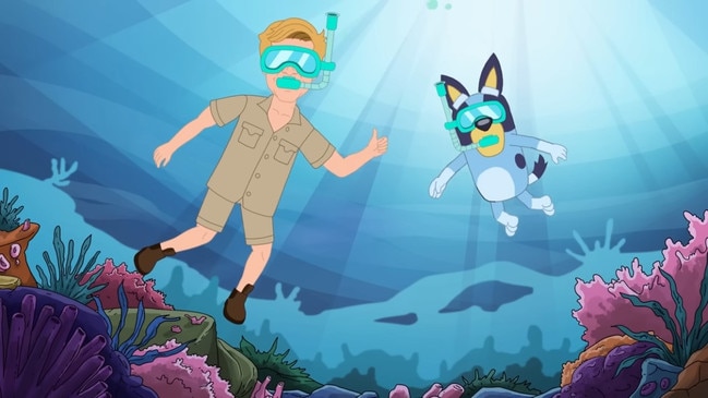 In the episode, Mr Irwin and cartoon icon Bluey are seen exploring various locations like the Great Barrier Reef. Picture: Supplied
