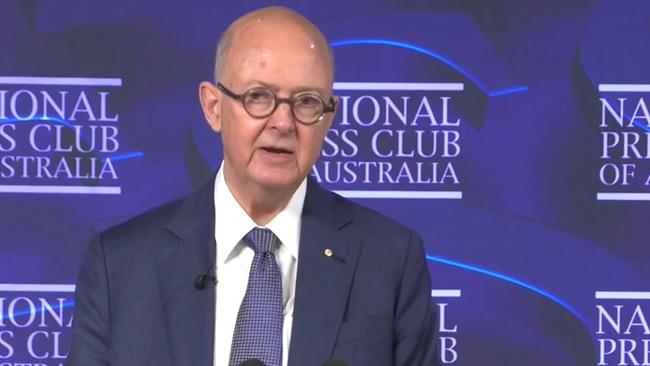 ABC chairman Kim Williams during his National Press Club appearance, during which he claimed that “patriotism” was a “national task” that “will necessarily fall mostly to the ABC”. Picture: Sky News