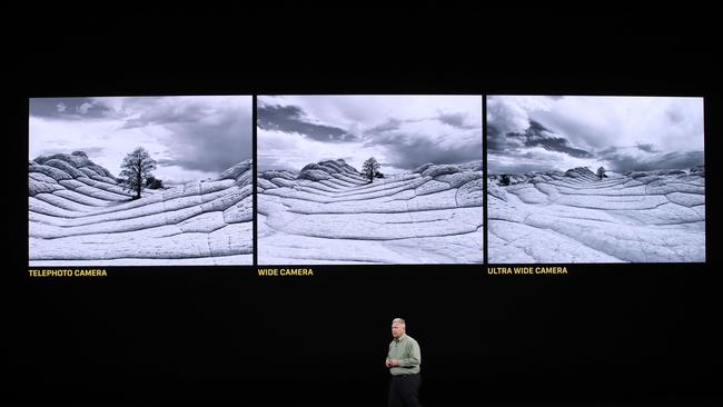 CUPERTINO, CALIFORNIA - SEPTEMBER 10: Apple's senior vice president of worldwide marketing Phil Schiller talks about the new iPhone 11 Pro during a special event on September 10, 2019 in the Steve Jobs Theater on Apple's Cupertino, California campus. Apple unveiled new products during the event.   Justin Sullivan/Getty Images/AFP == FOR NEWSPAPERS, INTERNET, TELCOS & TELEVISION USE ONLY ==