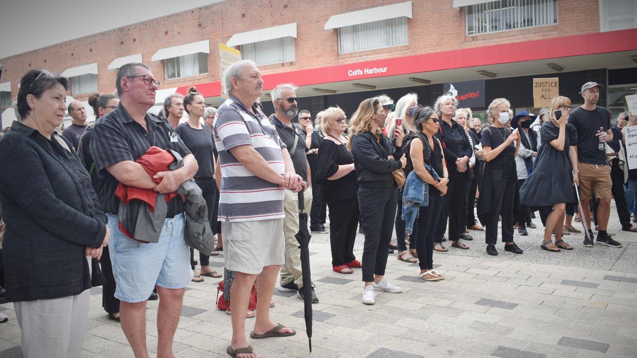 Protesters gathered at City Square on Monday for the March 4 Justice event in Coffs Harbour.