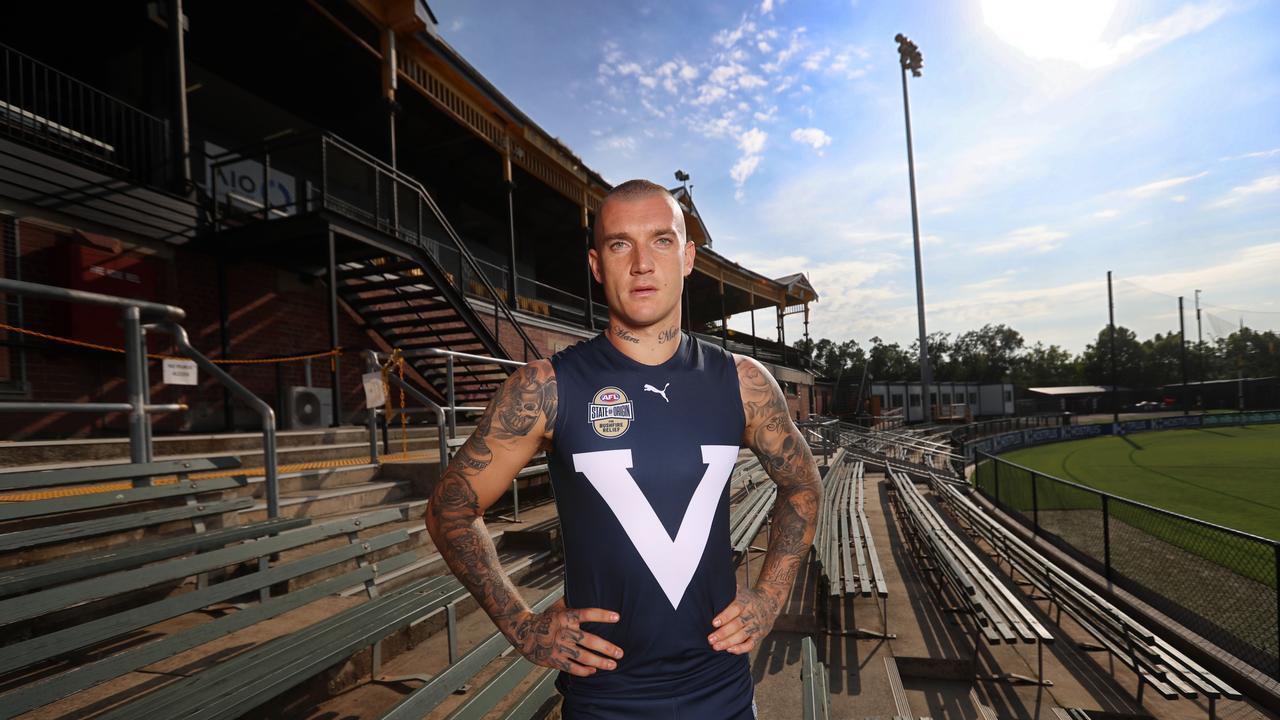 Dustin Martin in the Victorian guernsey for State of Origin for Bushfire Relief game. Picture: Alex Coppel.