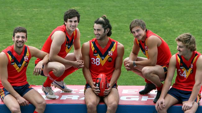 Sam Mayes (second from left) with fellow South Australian draft hopefuls Jimmy Toumpas, Brodie Grundy, Ben Kennedy and Tim Broomhead in 2012.