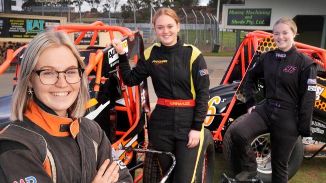 The Pitcher sisters - Sharni,(L) and twin Tamika,22,(R) and Kirra-Lee, 19, (C), at Murray Bridge Speedway, ahead of a Boxing Day event. 23 December 2024. Picture: Dean Martin