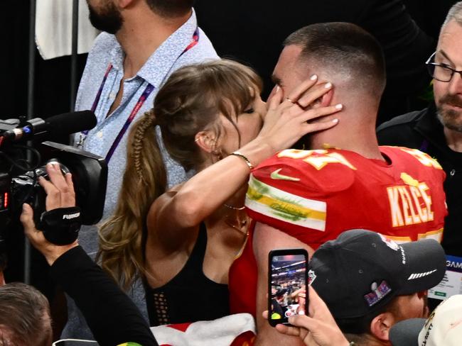 Taylor Swift kisses Travis Kelce after the Chiefs won the 2024 Super Bowl. Picture: AFP