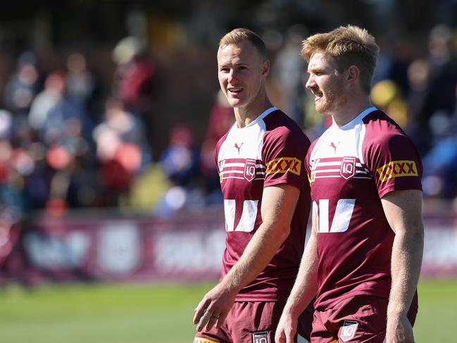 Daly Cherry-Evans and Tom Dearden together as the Queensland Origin team hold a training session and fan day at Toowoomba ahead of game 2 in Melbourne. Pics Adam Head