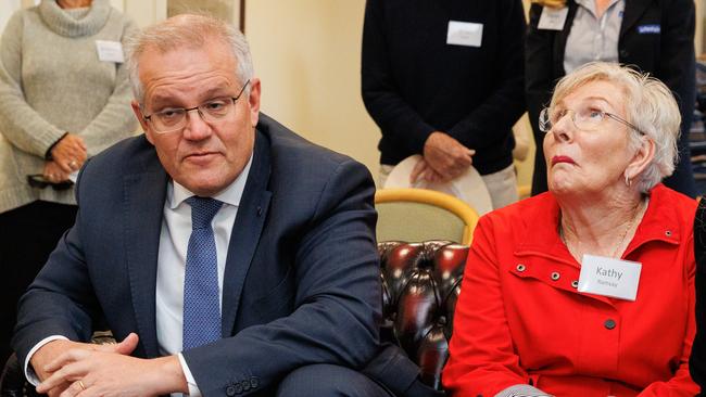 PM Scott Morrison with Boothby aged care resident Kathy. Picture: Jason Edwards