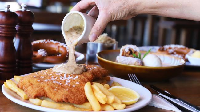 The schnitzel with mushroom sauce at The Bavarian. Picture: Jenifer Jagielski