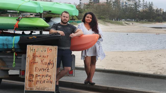 Gold Coast couple, Josh Kilburn and Amy Rony,  were providing free water fun and kayaking for families at Harley Park Labrador until they were shut down by the council after a member of the public complained about their activities. Picture: Glenn Hampson