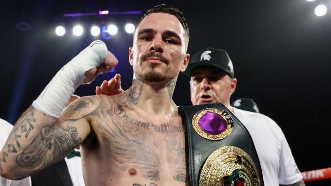 SHAWNEE, OKLAHOMA - JULY 22: George Kambosos Jr celebrates after defeating Maxi Hughes, during their lightweight fight at FireLake Arena on July 22, 2023 in Shawnee, Oklahoma. (Photo by Mikey Williams/Top Rank Inc via Getty Images)