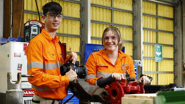 Liam Prestipino and Aelira Catalina, both 17, have begun apprenticeships at CleanCo's hydro electricity power plant on the Barron River, with Aelira undertaking an electrical apprenticeship and Liam learning mechanical engineering. Picture: Brendan Radke