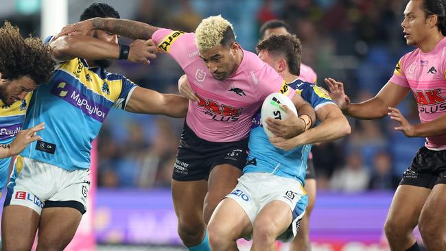 Viliame Kikau is ranked fourth in the NRL for off-loads and fifth for line break assists. Picture: Chris Hyde/Getty Images