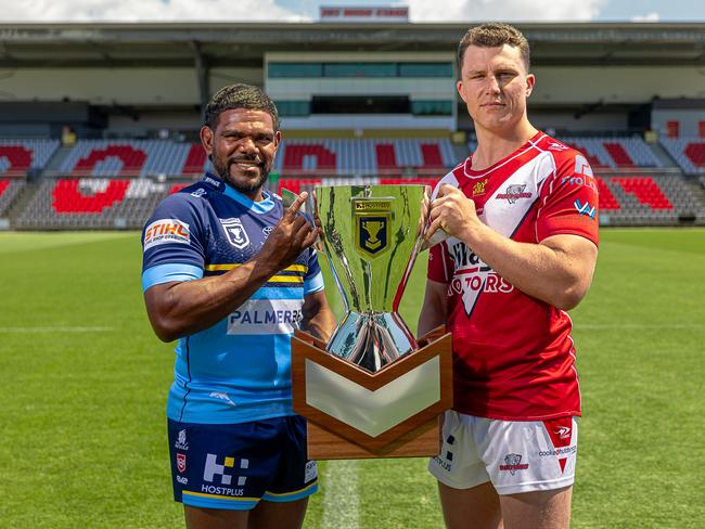 Norths Devils captain Kierran Moseley and Redcliffe Dolphins captain Max Bailey. Picture: QRL