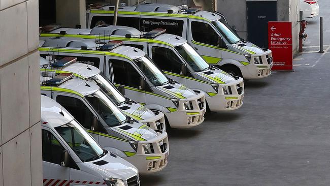 Ambulances parked outside the RBWH emergency department, Herston. Picture: Liam Kidston.