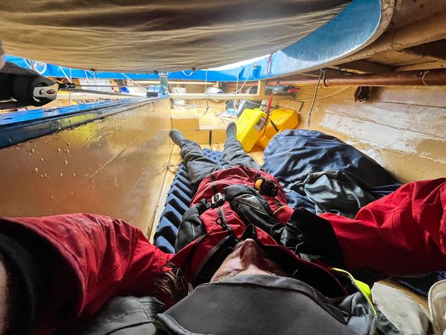 Nick Jaffe seeks shelter from the elements during his solo boating journey across Bass Strait. Picture: Nick Jaffe (Instagram @nick_jaffe)