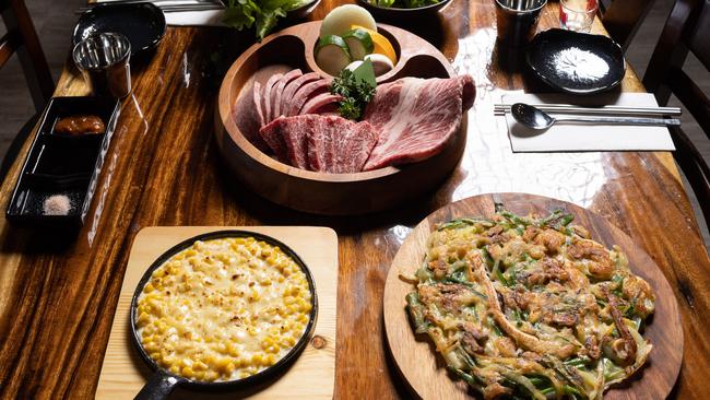 The assorted wagyu set, including soup and cheese corn, plus the seafood pancake. Picture: David Kelly