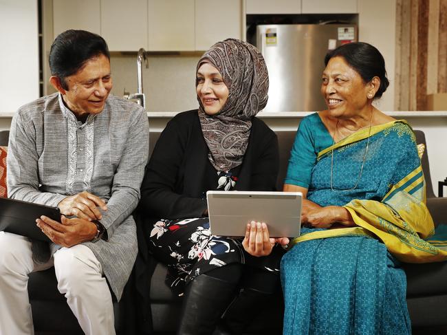 Sabrin Farooqui with husband and wife Mr Latifur Rahman and Mrs Khurshid Ara Hai after they participated in the Be Connected program. Picture: Sam Ruttyn