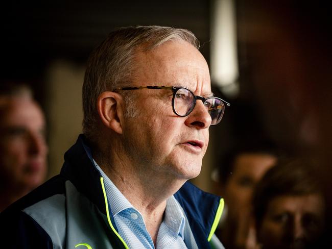 Prime Minister Anthony Albanese during a press conference in Lismore. Picture: NewsWire / Glenn Campbell