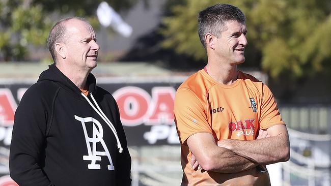 Port Adelaide Captains run at Alberton Oval. Ken Hinkley and Nathan Bassett. Picture: Sarah Reed